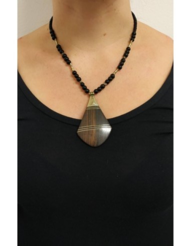Collana di perle in onice nero e argento - ciondolo  in legno
