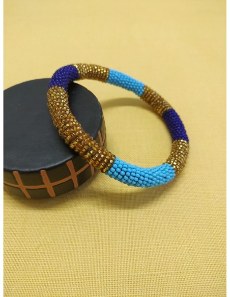 Bracciale perline col. oro, turchese e blu