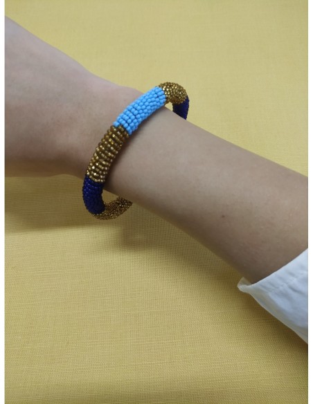 Bracciale perline col. oro, turchese e blu